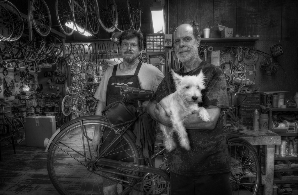black and white photo of bicycle mechanics