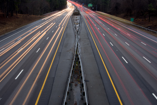 long exposure of highway with car headlight streaks